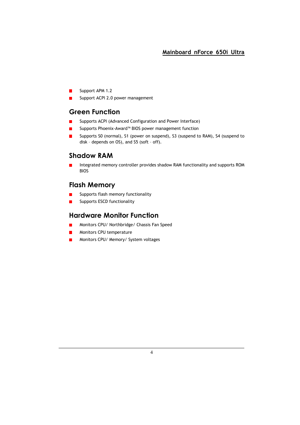 Green function, Shadow ram, Hardware monitor function | Mainboard nforce 650i ultra | Nvidia NFORCE 650I User Manual | Page 8 / 70