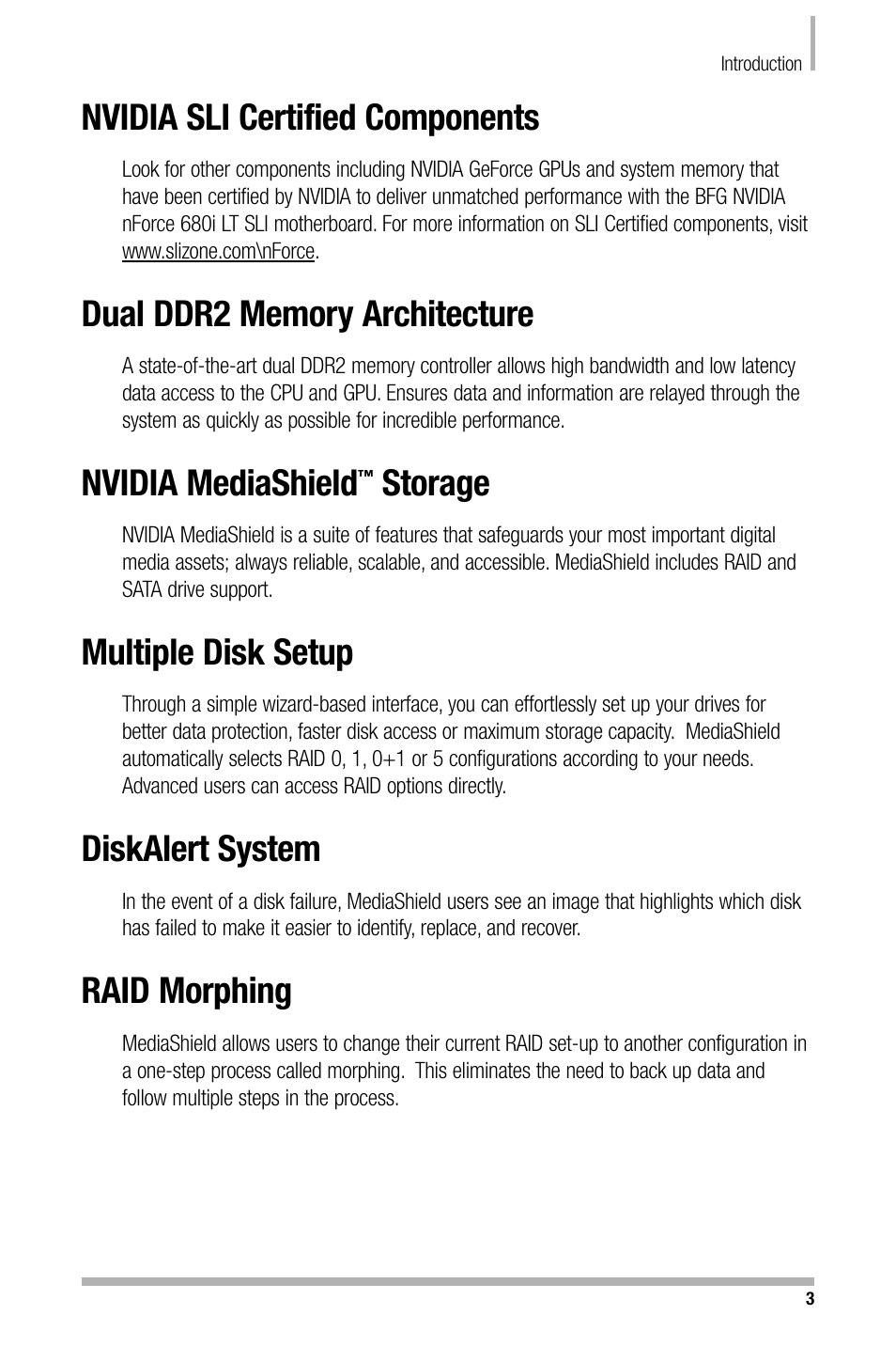 Nvidia sli certified components, Nvidia mediashield, Storage | Multiple disk setup, Diskalert system, Raid morphing | Nvidia NFORCE 680I User Manual | Page 12 / 78