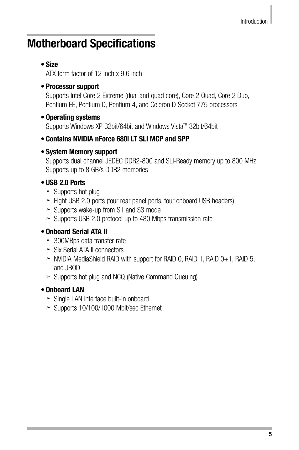 Motherboard specifications | Nvidia NFORCE 680I User Manual | Page 14 / 78