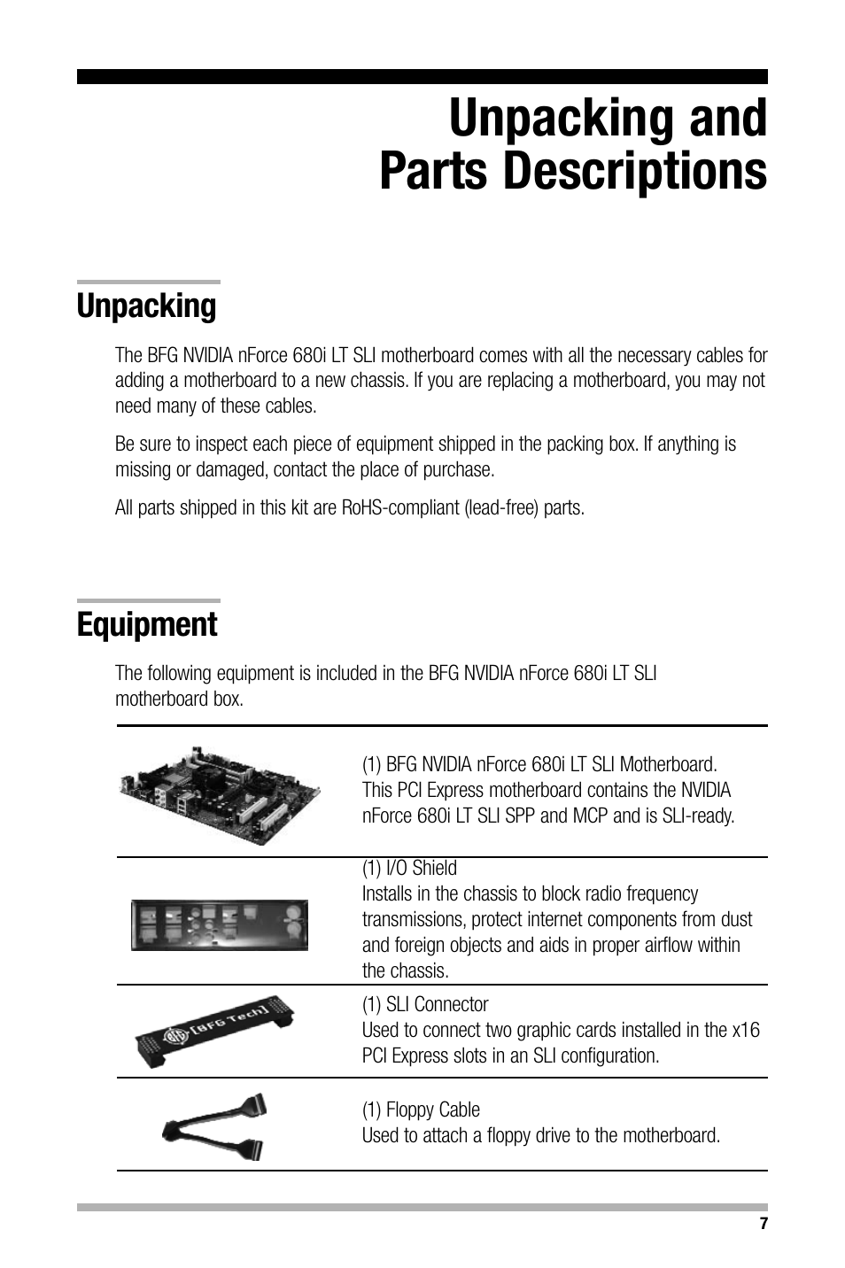 Unpacking and parts descriptions, Unpacking, Equipment | Nvidia NFORCE 680I User Manual | Page 16 / 78