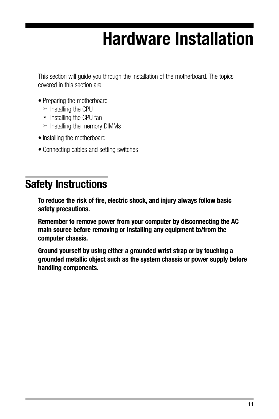 Hardware installation, Safety instructions | Nvidia NFORCE 680I User Manual | Page 20 / 78