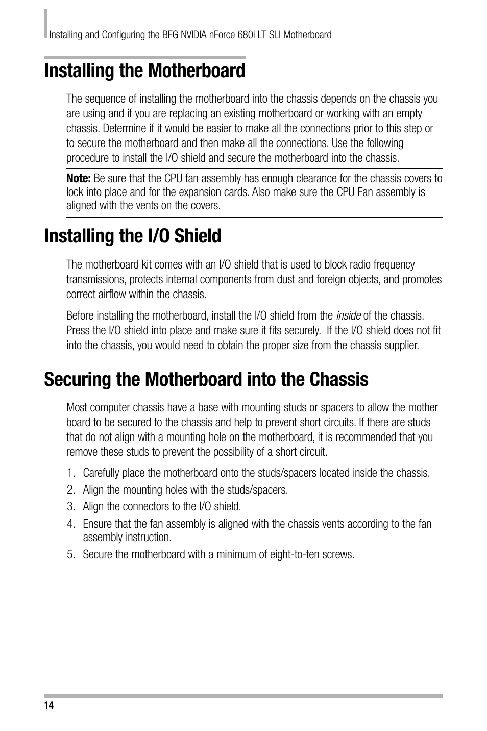 Installing the motherboard, Installing the i/o shield, Securing the motherboard into the chassis | Nvidia NFORCE 680I User Manual | Page 23 / 78