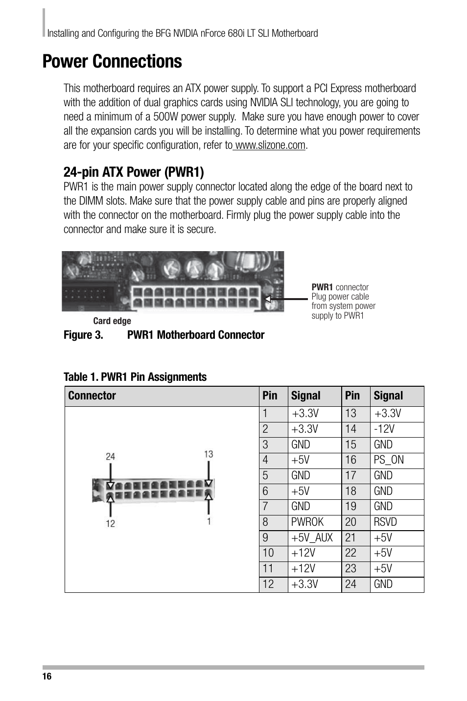 Power connections, Pin atx power (pwr1) | Nvidia NFORCE 680I User Manual | Page 25 / 78