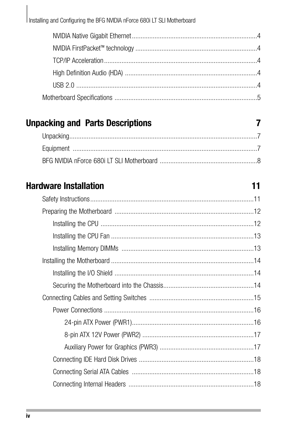 Unpacking and parts descriptions 7, Hardware installation 11 | Nvidia NFORCE 680I User Manual | Page 3 / 78