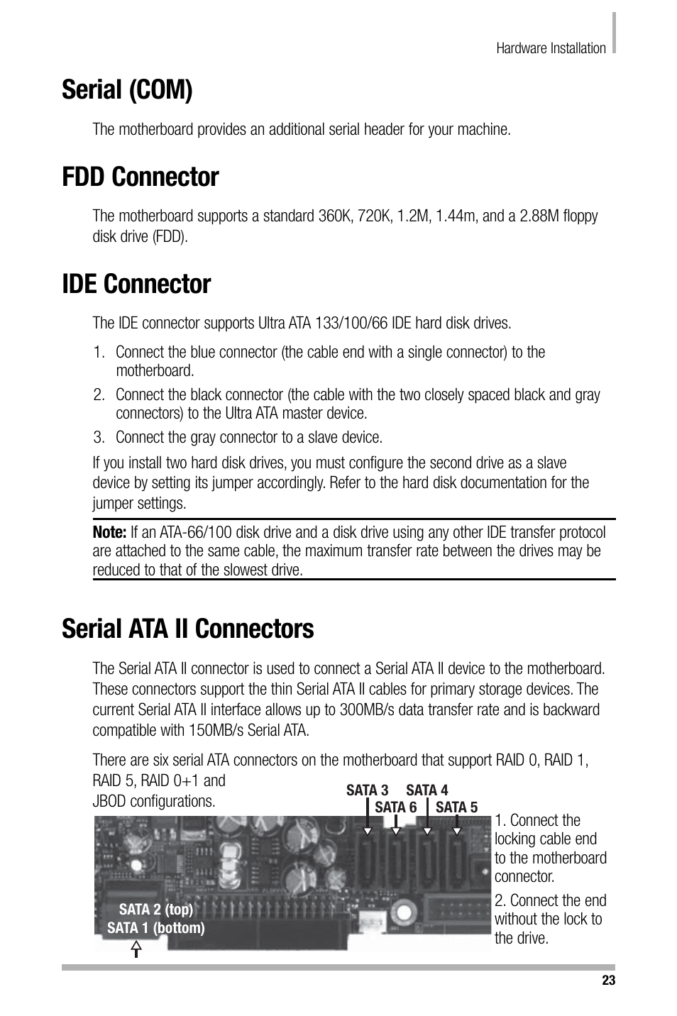 Serial (com), Fdd connector, Ide connector | Serial ata ii connectors | Nvidia NFORCE 680I User Manual | Page 32 / 78