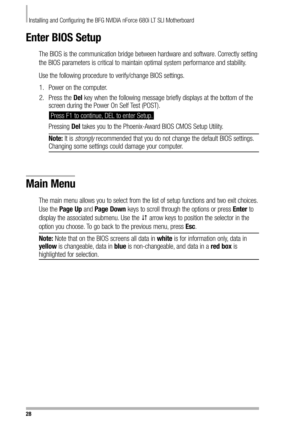 Enter bios setup, Main menu | Nvidia NFORCE 680I User Manual | Page 36 / 78