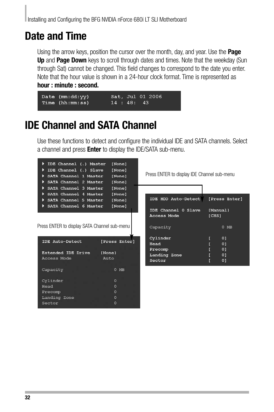 Date and time, Ide channel and sata channel | Nvidia NFORCE 680I User Manual | Page 40 / 78