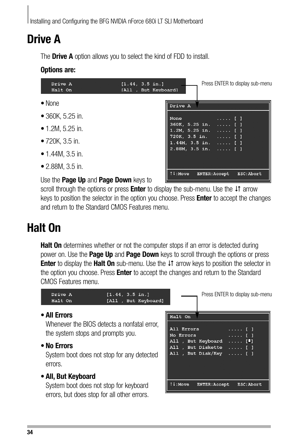 Drive a, Halt on | Nvidia NFORCE 680I User Manual | Page 42 / 78