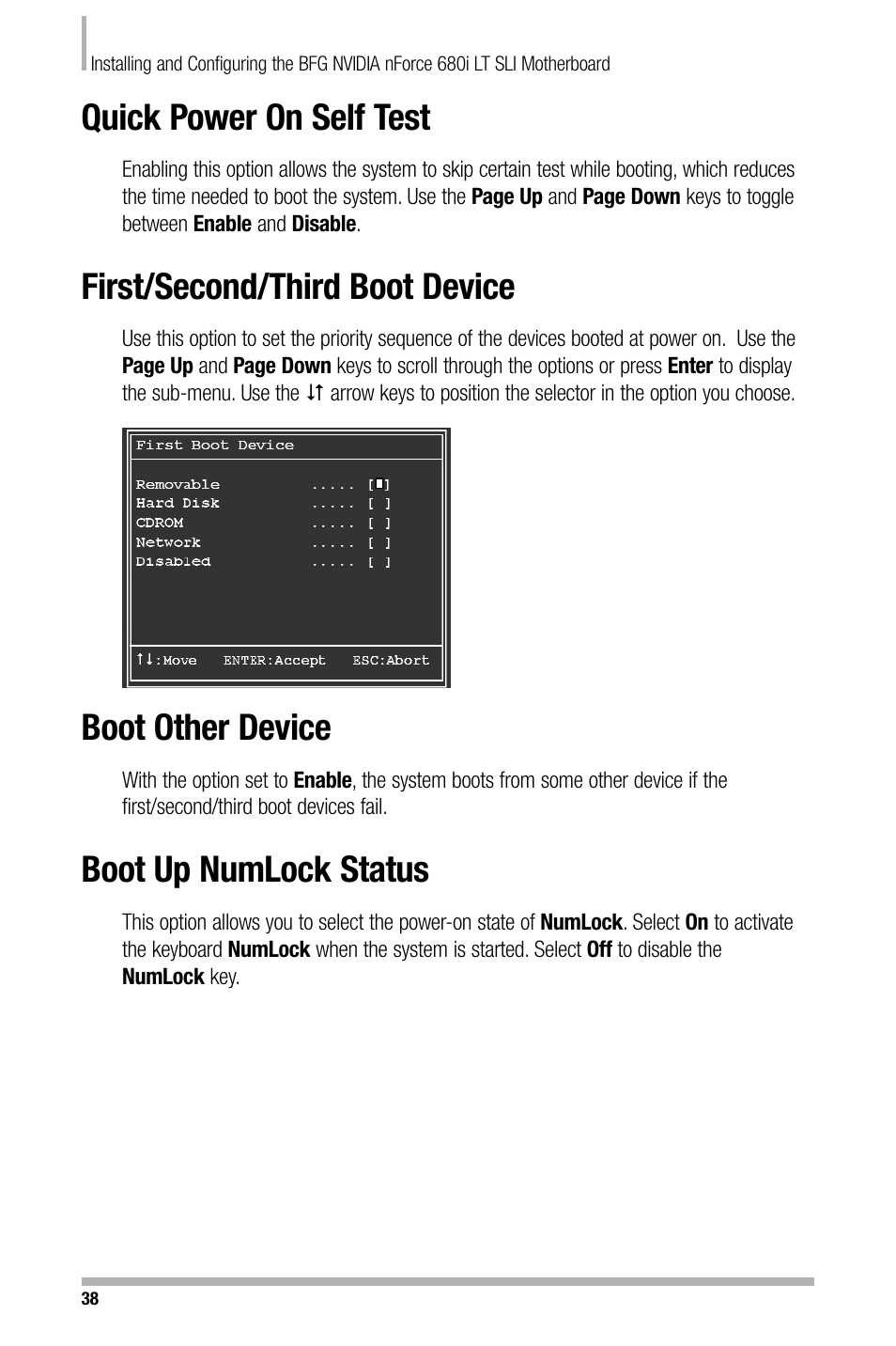 Quick power on self test, First/second/third boot device, Boot other device | Boot up numlock status | Nvidia NFORCE 680I User Manual | Page 46 / 78