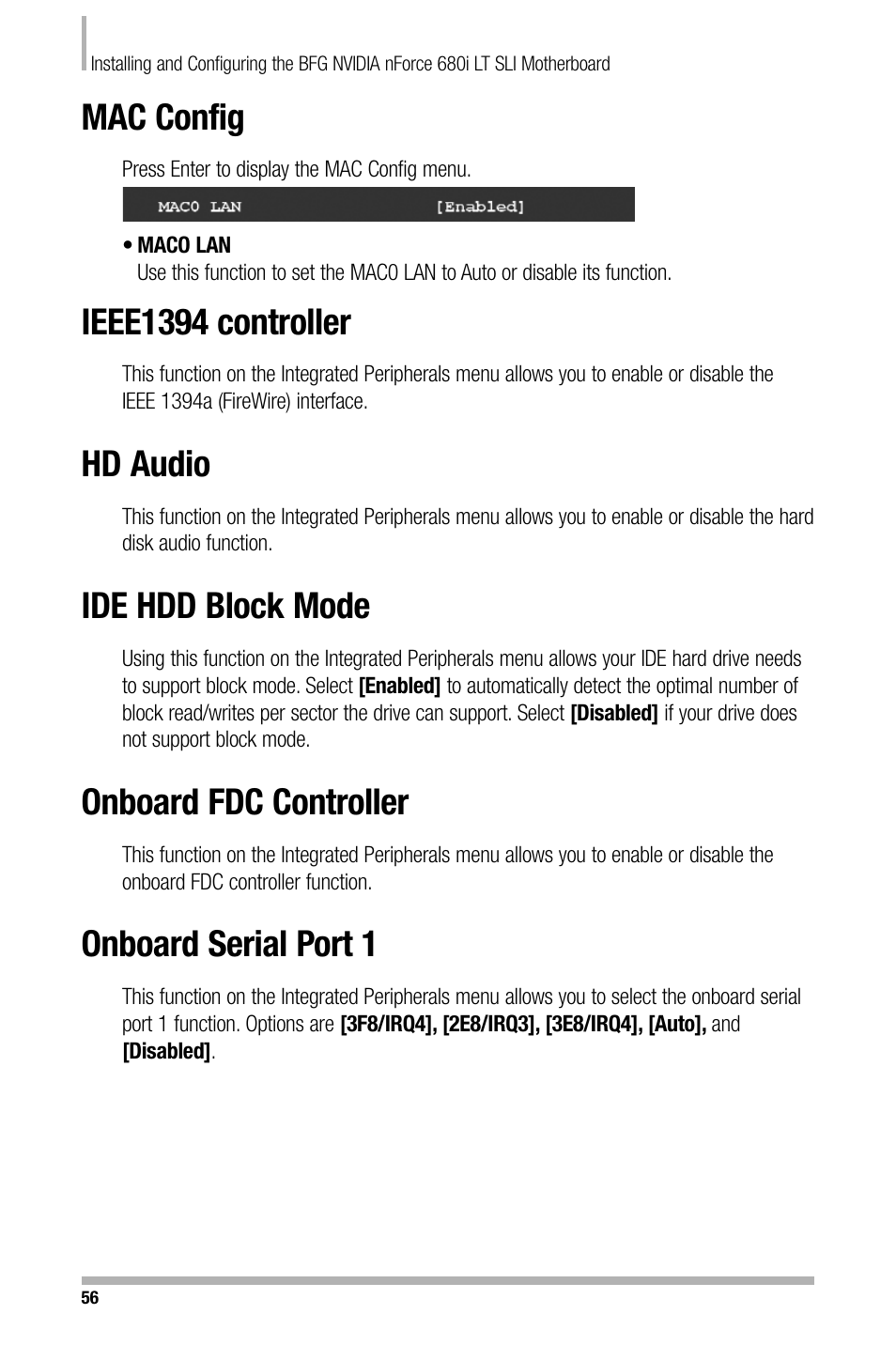 Mac config, Ieee1394 controller, Hd audio | Ide hdd block mode, Onboard fdc controller, Onboard serial port 1 | Nvidia NFORCE 680I User Manual | Page 64 / 78