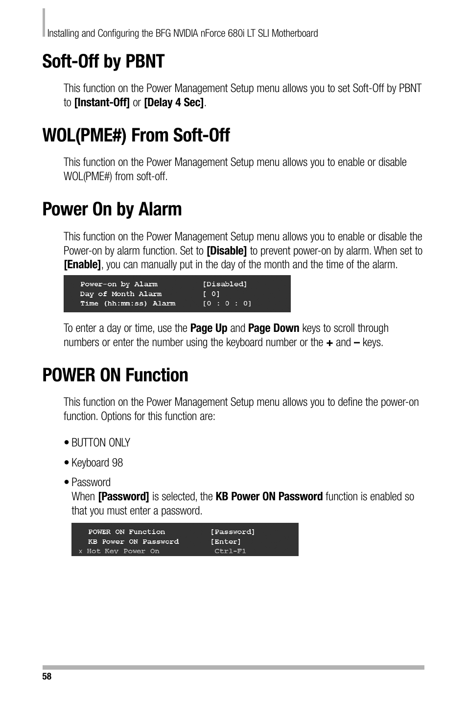 Soft-off by pbnt, Wol(pme#) from soft-off, Power on by alarm | Power on function | Nvidia NFORCE 680I User Manual | Page 66 / 78
