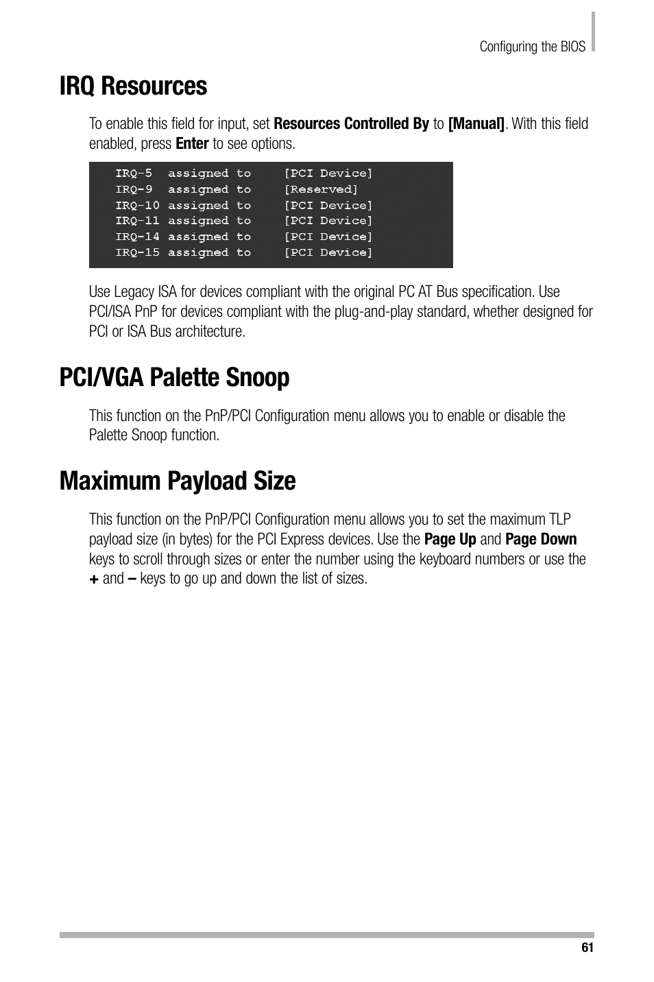 Irq resources, Pci/vga palette snoop, Maximum payload size | Nvidia NFORCE 680I User Manual | Page 69 / 78