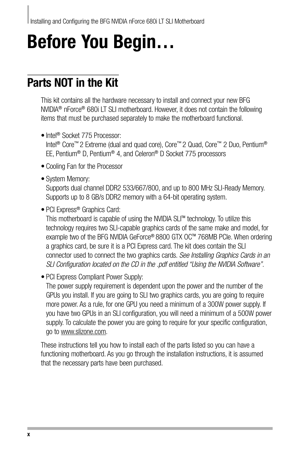 Before you begin, Parts not in the kit | Nvidia NFORCE 680I User Manual | Page 8 / 78