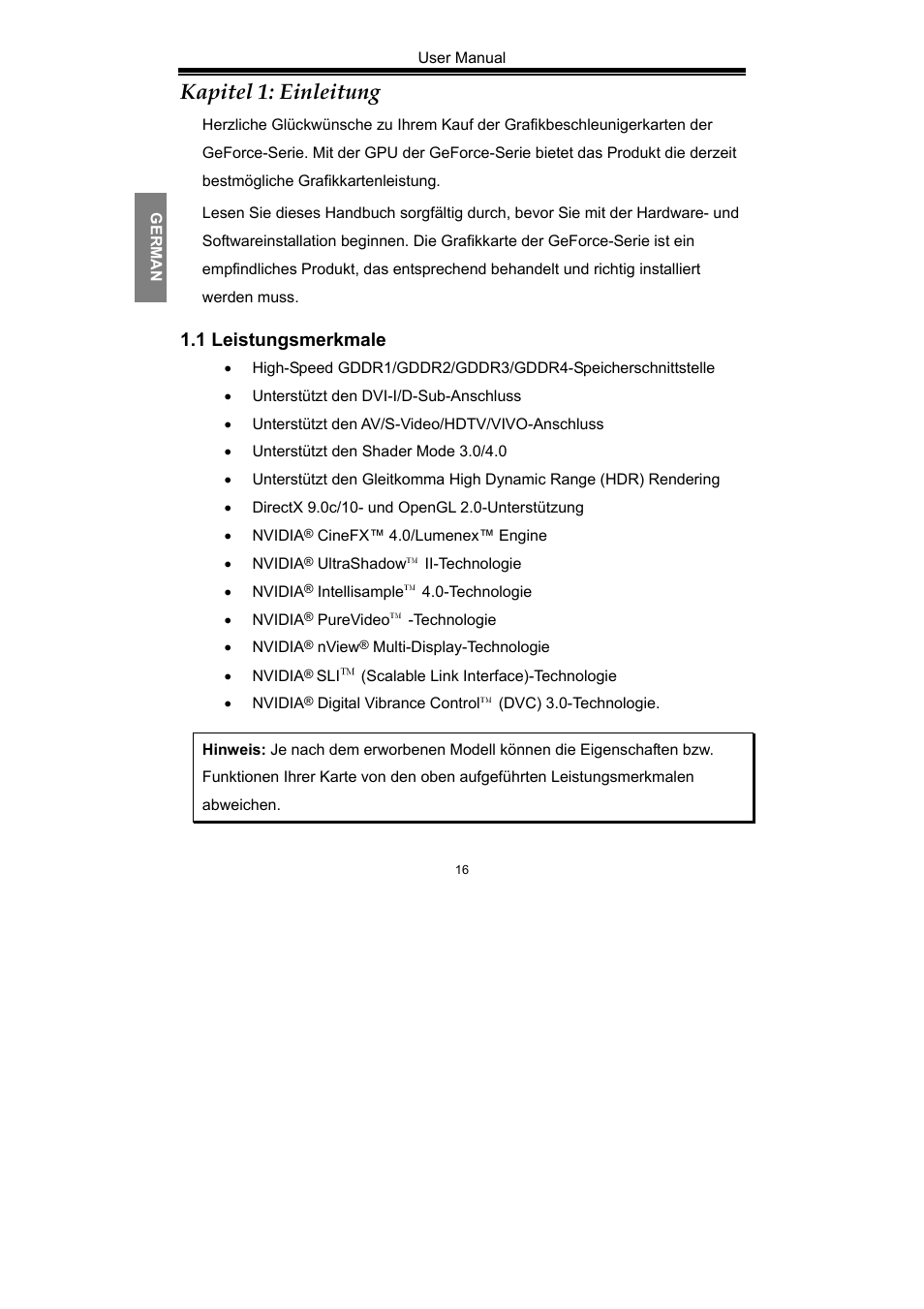 Kapitel 1: einleitung, 1 leistungsmerkmale | Nvidia GeForce Series User Manual | Page 18 / 100