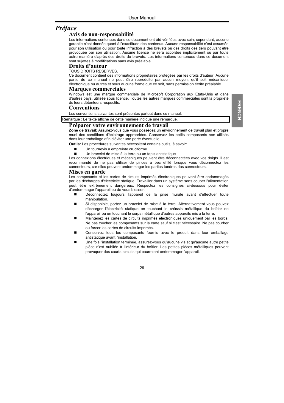 Préface, Avis de non-responsabilité, Droits d’auteur | Marques commerciales, Conventions, Préparer votre environnement de travail, Mises en garde | Nvidia GeForce Series User Manual | Page 31 / 100