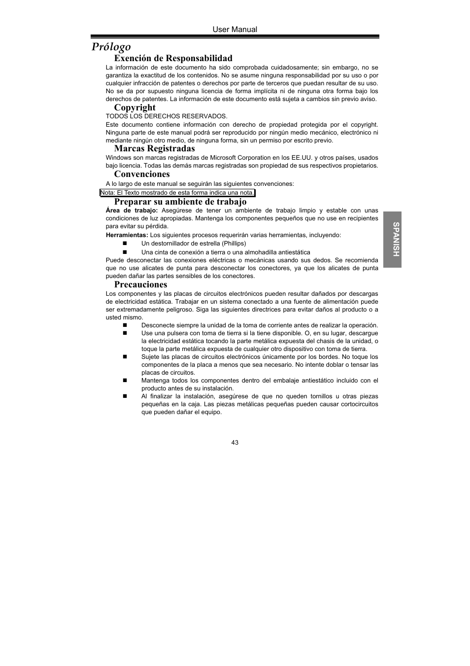 Prólogo, Exención de responsabilidad, Copyright | Marcas registradas, Convenciones, Preparar su ambiente de trabajo, Precauciones | Nvidia GeForce Series User Manual | Page 45 / 100