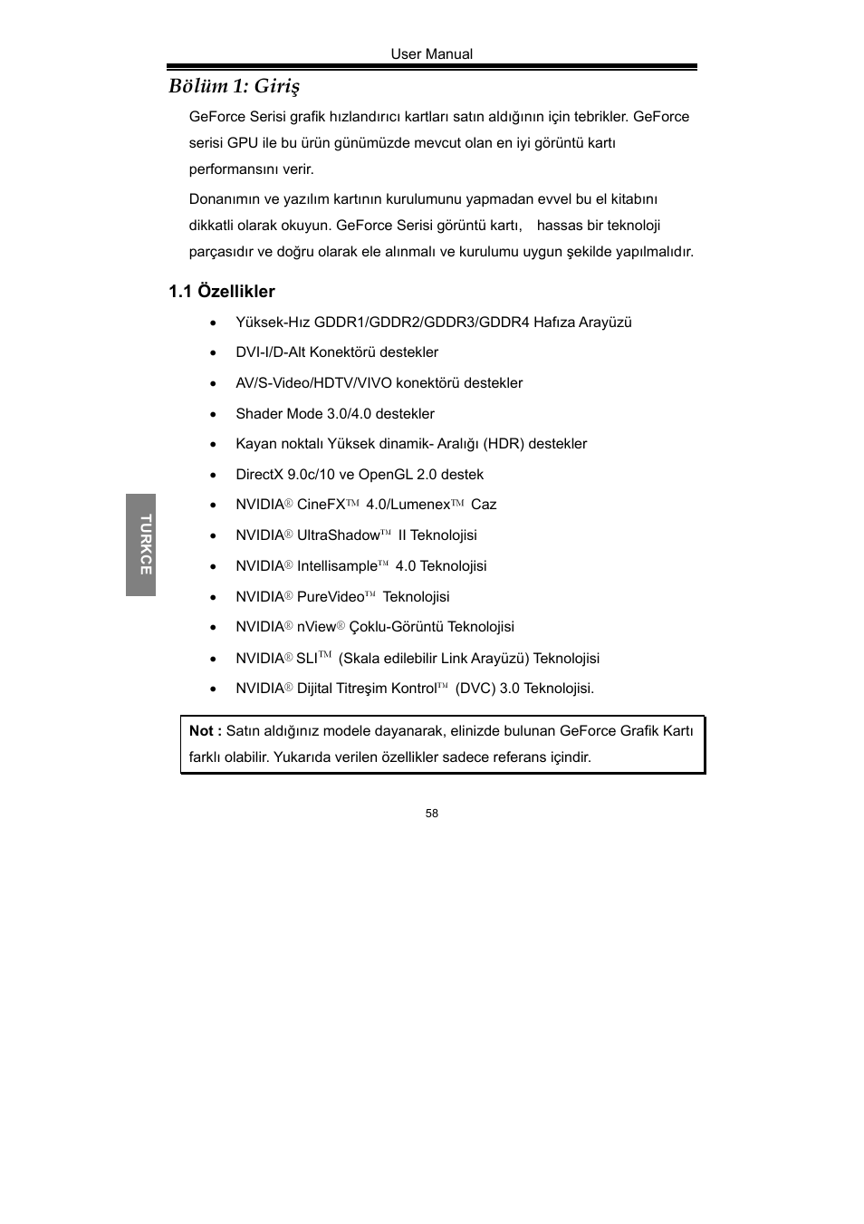 Bölüm 1: giriş, 1 özellikler | Nvidia GeForce Series User Manual | Page 60 / 100