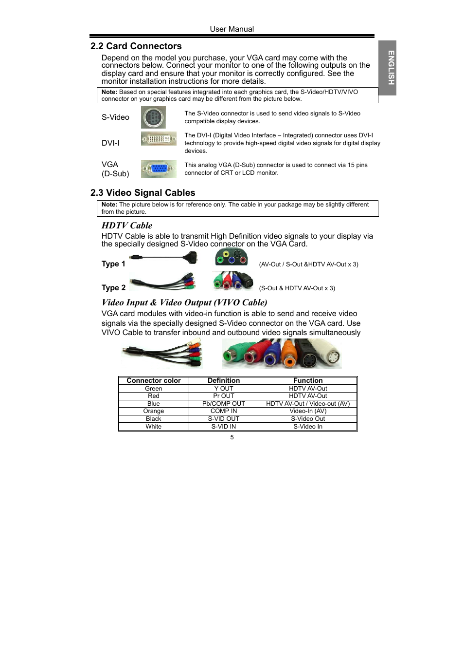 2 card connectors, 3 video signal cables, Hdtv cable | Video input & video output (vivo cable) | Nvidia GeForce Series User Manual | Page 7 / 100