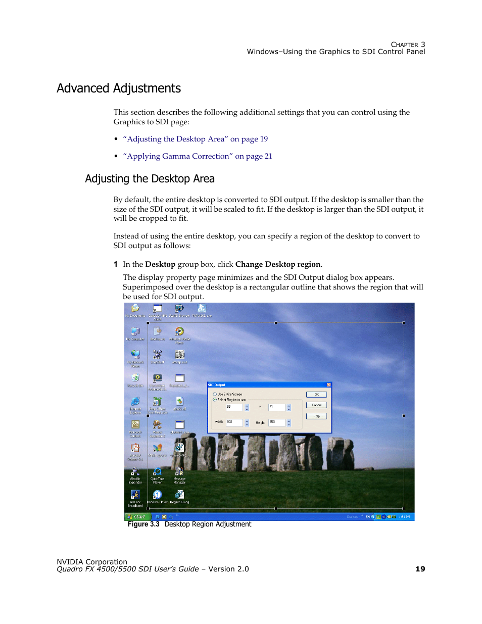 Advanced adjustments, Adjusting the desktop area | Nvidia Quadro FX 5500 User Manual | Page 23 / 88