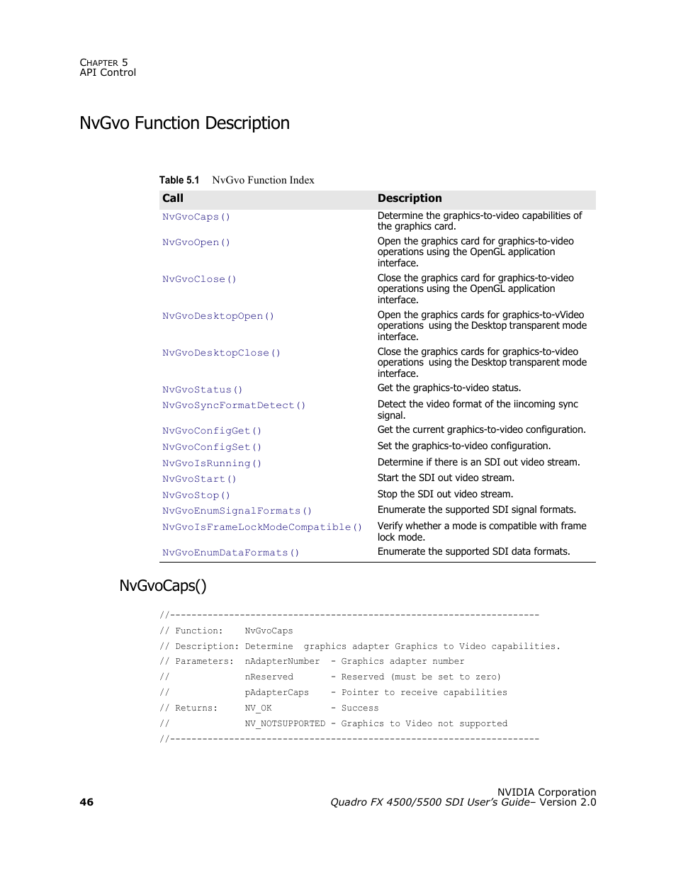 Nvgvo function description, Nvgvocaps() | Nvidia Quadro FX 5500 User Manual | Page 50 / 88