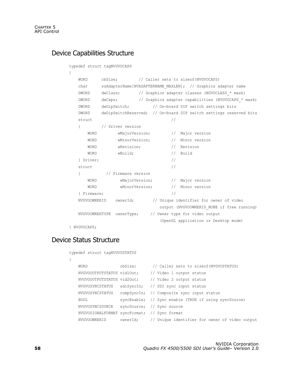 Device capabilities structure, Device status structure | Nvidia Quadro FX 5500 User Manual | Page 62 / 88