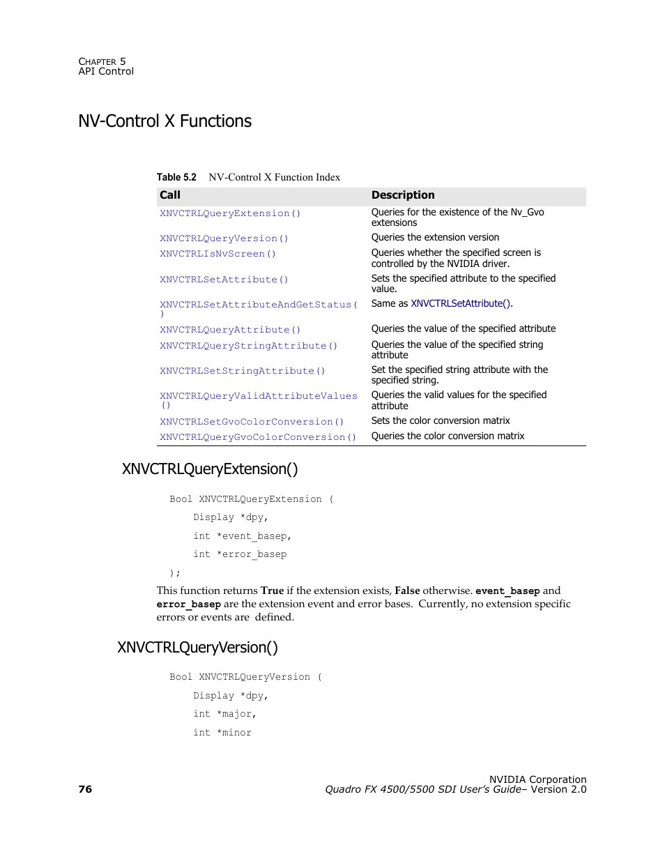 Nv-control x functions, Xnvctrlqueryextension(), Xnvctrlqueryversion() | Nvidia Quadro FX 5500 User Manual | Page 80 / 88