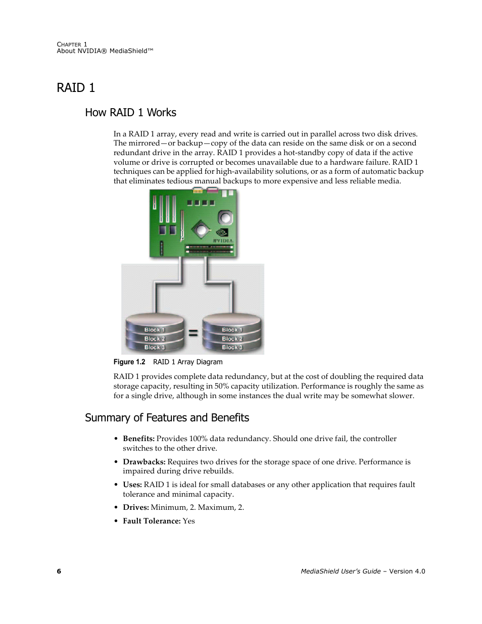 Raid 1, How raid 1 works, Summary of features and benefits | Nvidia 4 User Manual | Page 10 / 159