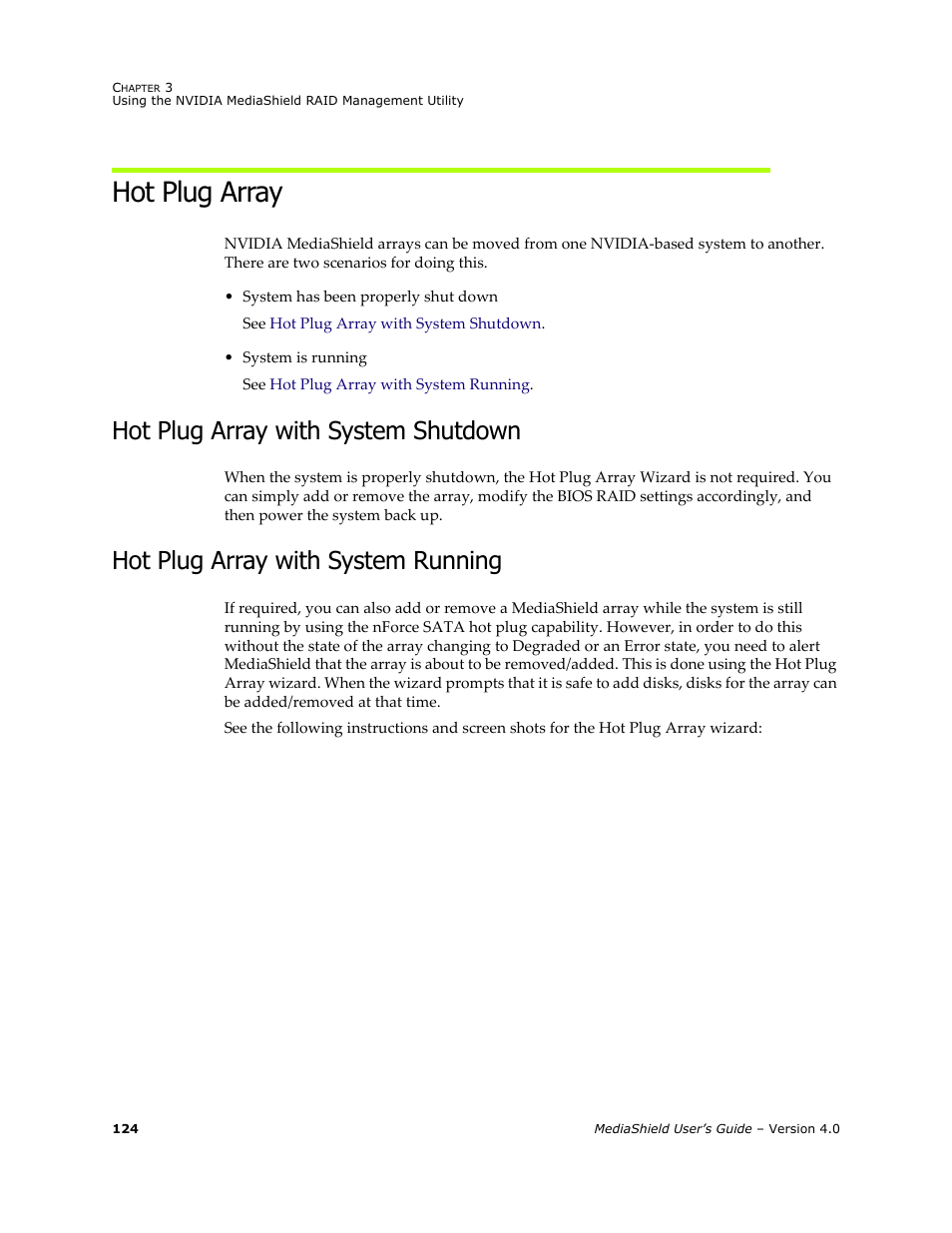 Hot plug array, Hot plug array with system shutdown, Hot plug array with system running | Nvidia 4 User Manual | Page 128 / 159