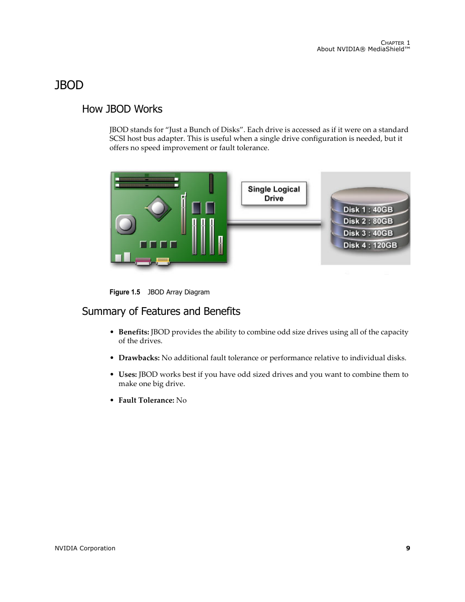 Jbod, How jbod works, Summary of features and benefits | Nvidia 4 User Manual | Page 13 / 159