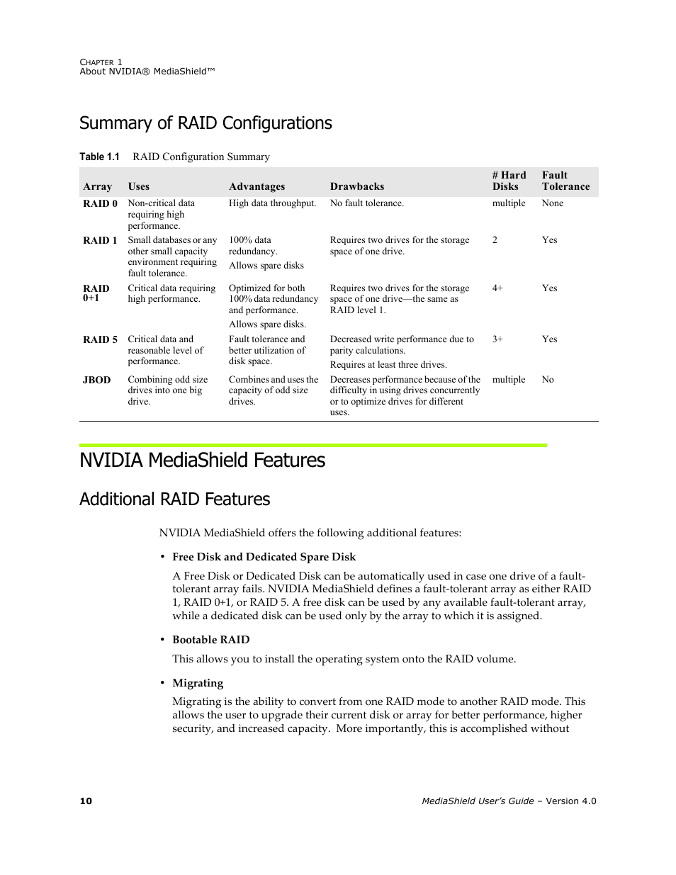 Summary of raid configurations, Nvidia mediashield features, Additional raid features | Nvidia 4 User Manual | Page 14 / 159