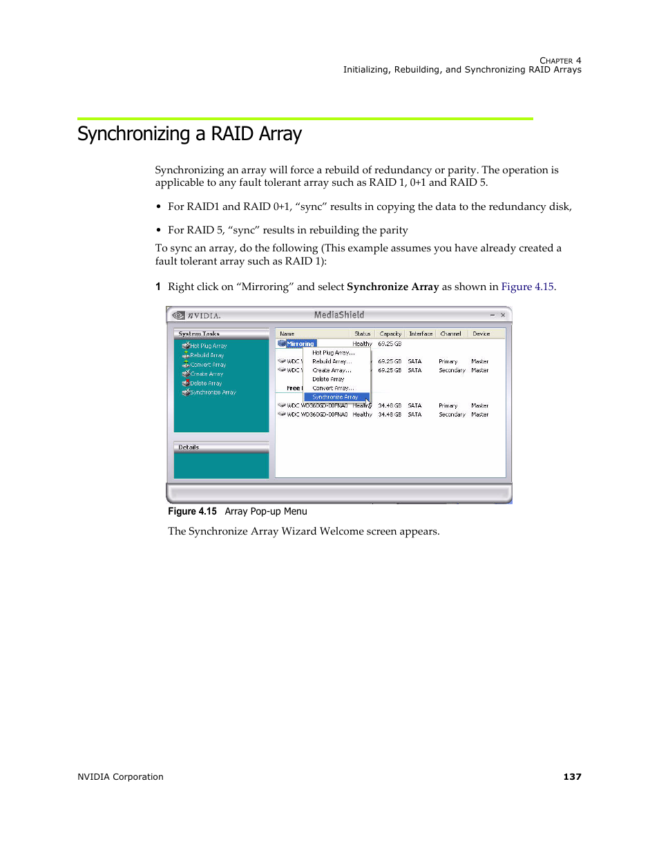 Synchronizing a raid array | Nvidia 4 User Manual | Page 141 / 159