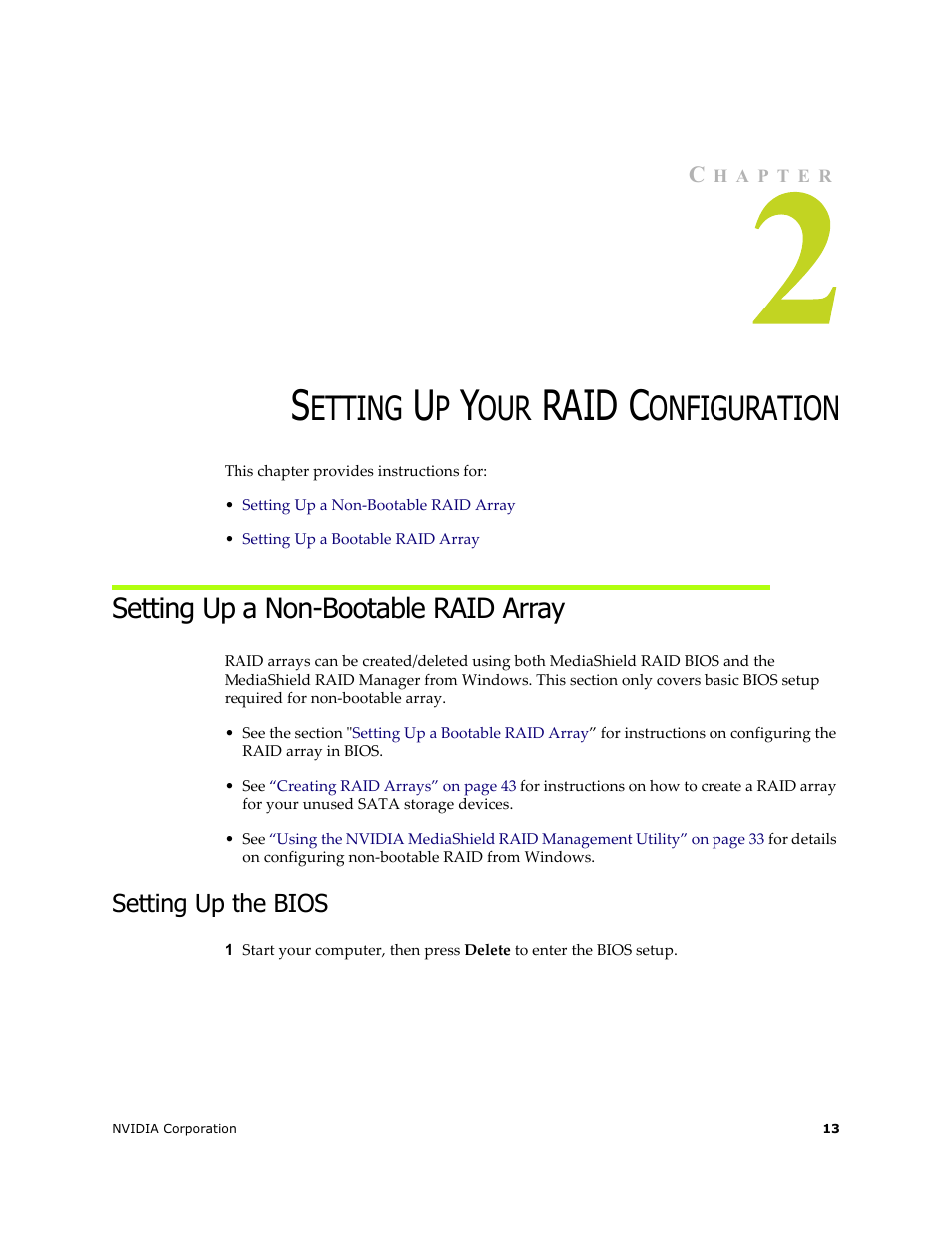 Setting up your raid configuration, Setting up a non-bootable raid array, Setting up the bios | Raid c, Etting, Onfiguration | Nvidia 4 User Manual | Page 17 / 159