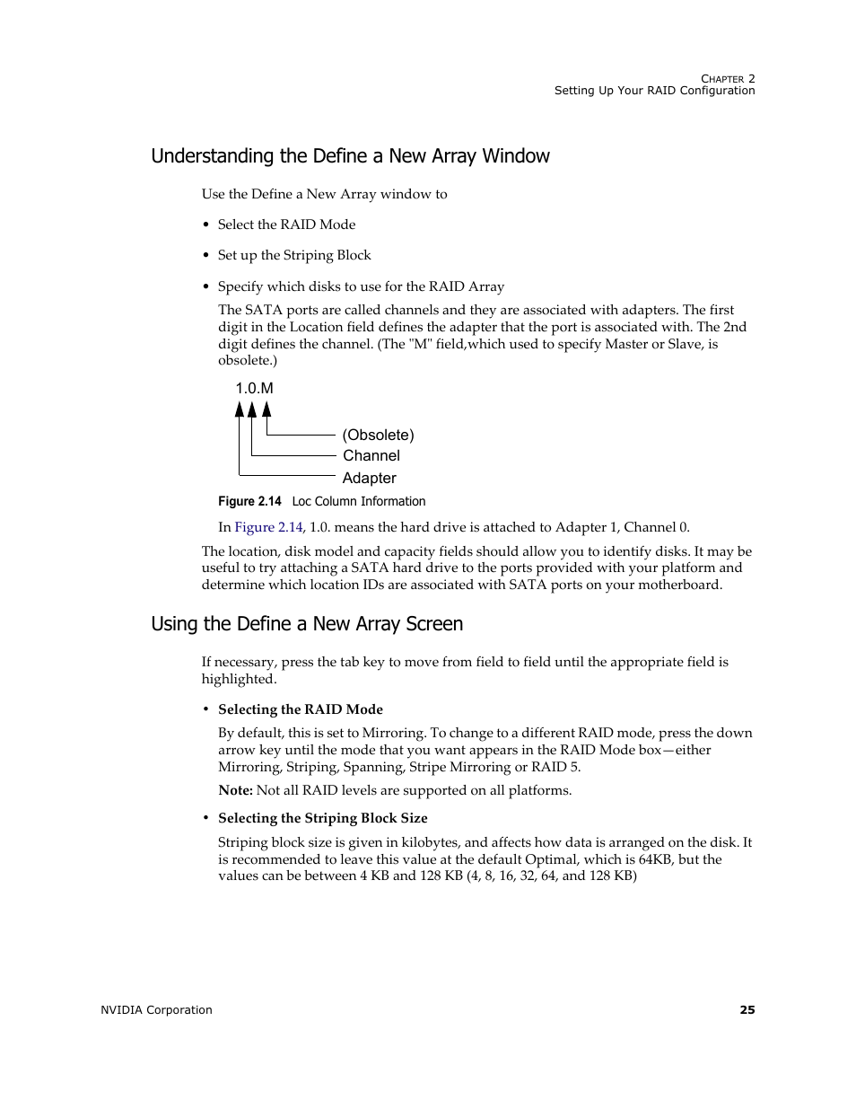 Understanding the define a new array window, Using the define a new array screen | Nvidia 4 User Manual | Page 29 / 159