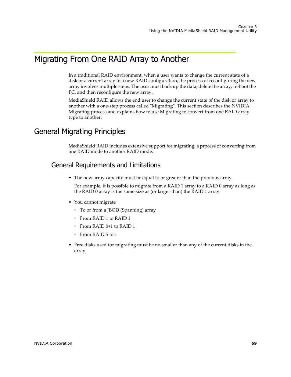 Migrating from one raid array to another, General migrating principles, General requirements and limitations | Nvidia 4 User Manual | Page 73 / 159