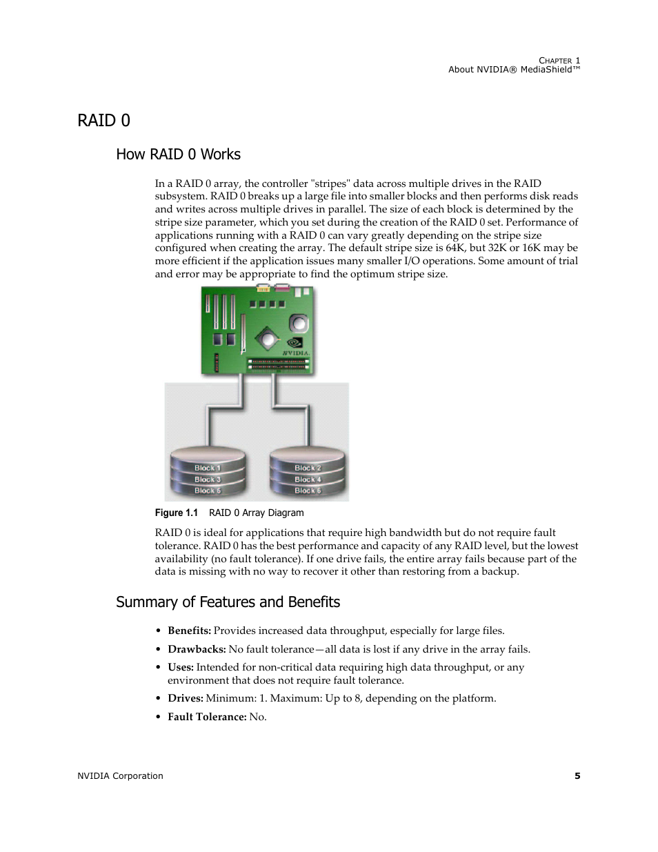 Raid 0, How raid 0 works, Summary of features and benefits | Nvidia 4 User Manual | Page 9 / 159