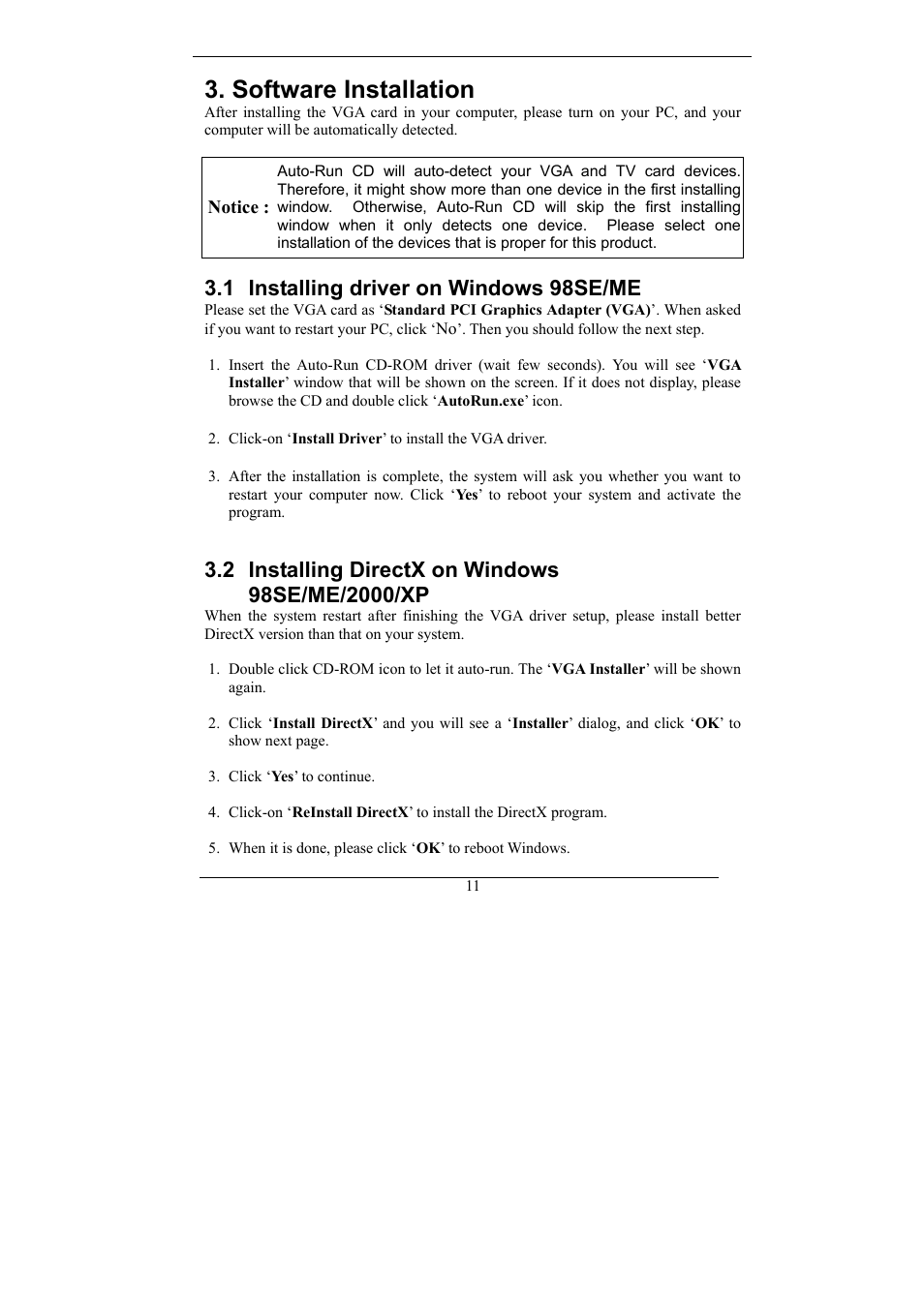 Software installation, Installing driver on windows 98se/me, Installing directx on windows 98se/me/2000/xp | 1 installing driver on windows 98se/me | Nvidia Video Card GeForce MX Series User Manual | Page 10 / 23