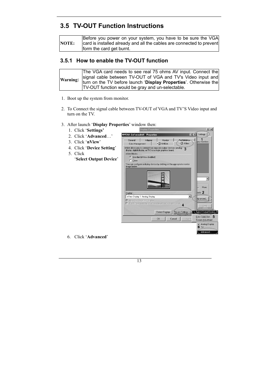 Tv-out function instructions, How to enable the tv-out function, 5 tv-out function instructions | Nvidia Video Card GeForce MX Series User Manual | Page 12 / 23