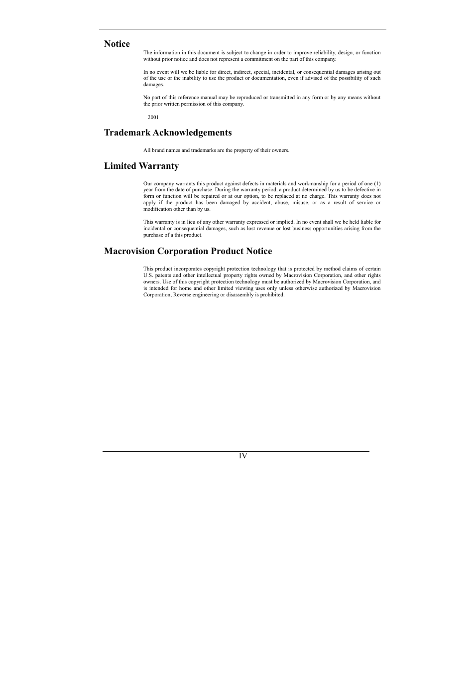 Notice, Trademark acknowledgements, Limited warranty | Macrovision corporation product notice | Nvidia Video Card GeForce MX Series User Manual | Page 3 / 23