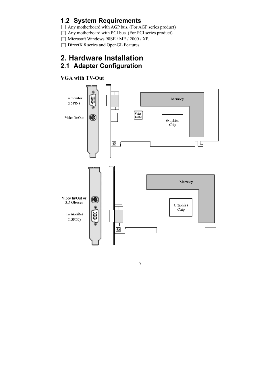 System requirements, Hardware installation, Adapter configuration | 2 system requirements, 1 adapter configuration | Nvidia Video Card GeForce MX Series User Manual | Page 6 / 23