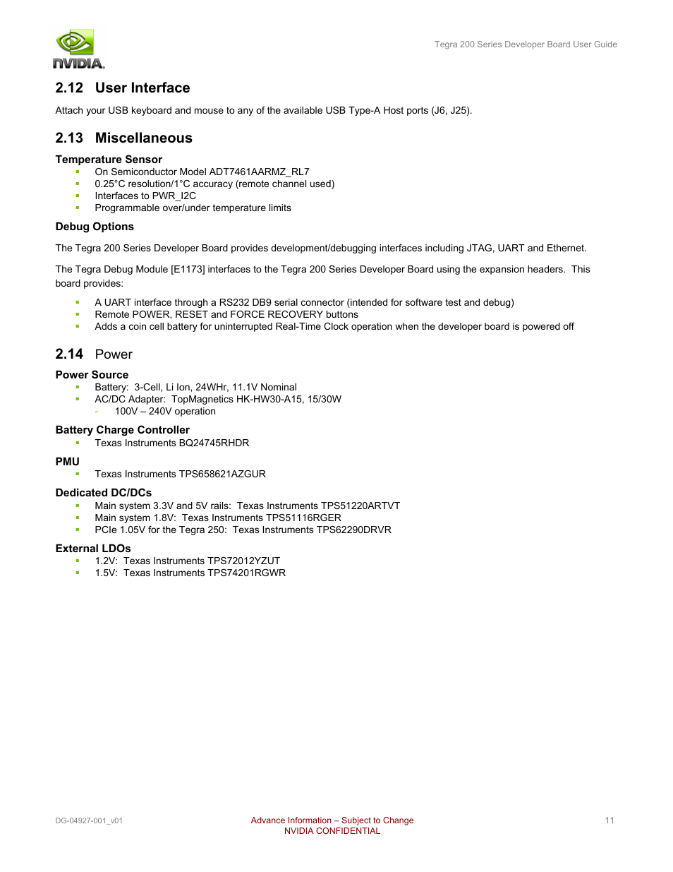 12 user interface, 13 miscellaneous, 14 power | Power | Nvidia TEGRA DG-04927-001_V01 User Manual | Page 11 / 41