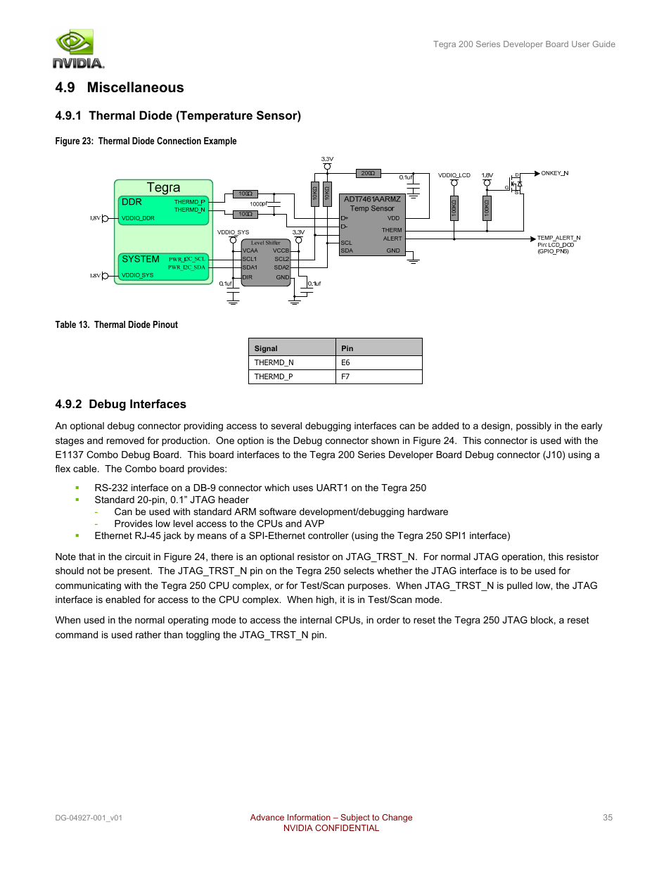 9 miscellaneous, 1 thermal diode (temperature sensor), 2 debug interfaces | Nvidia TEGRA DG-04927-001_V01 User Manual | Page 35 / 41