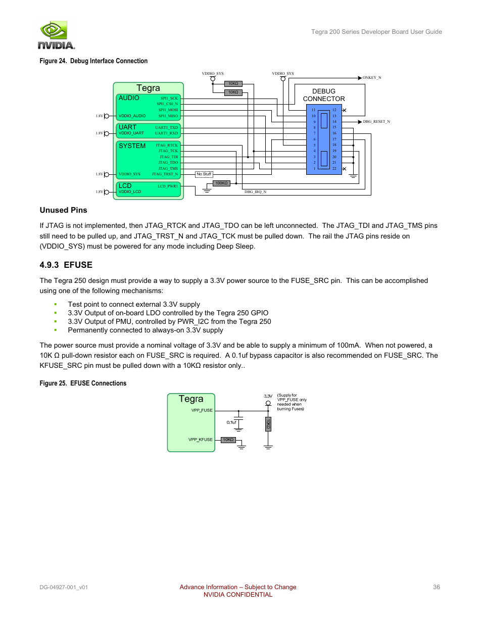 3 efuse, Tegra, Unused pins | Figure 24. debug interface connection | Nvidia TEGRA DG-04927-001_V01 User Manual | Page 36 / 41