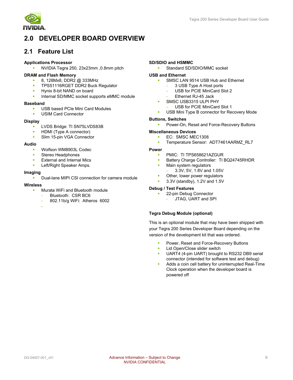 0 developer board overview, 1 feature list | Nvidia TEGRA DG-04927-001_V01 User Manual | Page 6 / 41