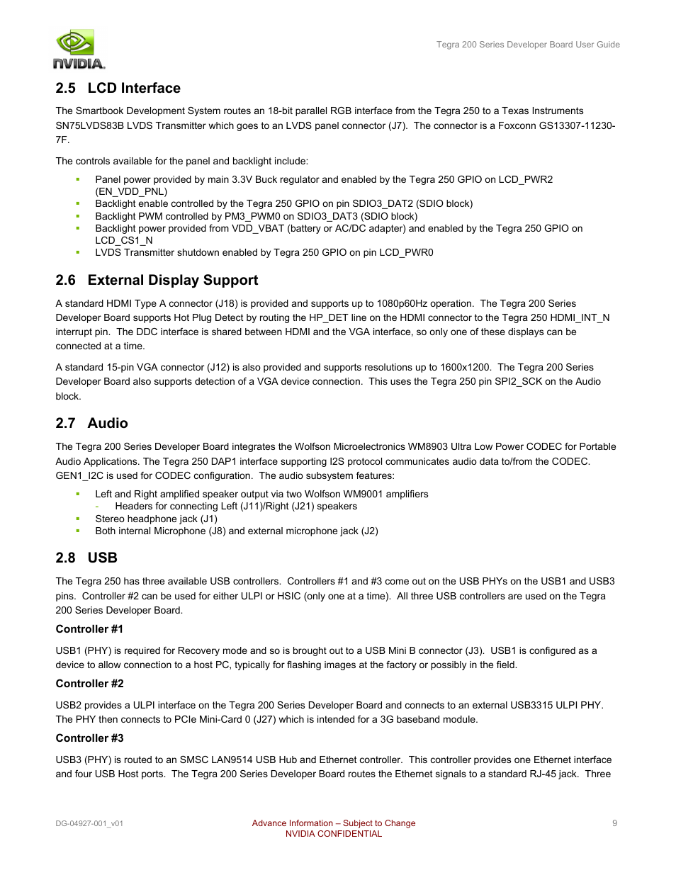 5 lcd interface, 6 external display support, 7 audio | 8 usb | Nvidia TEGRA DG-04927-001_V01 User Manual | Page 9 / 41