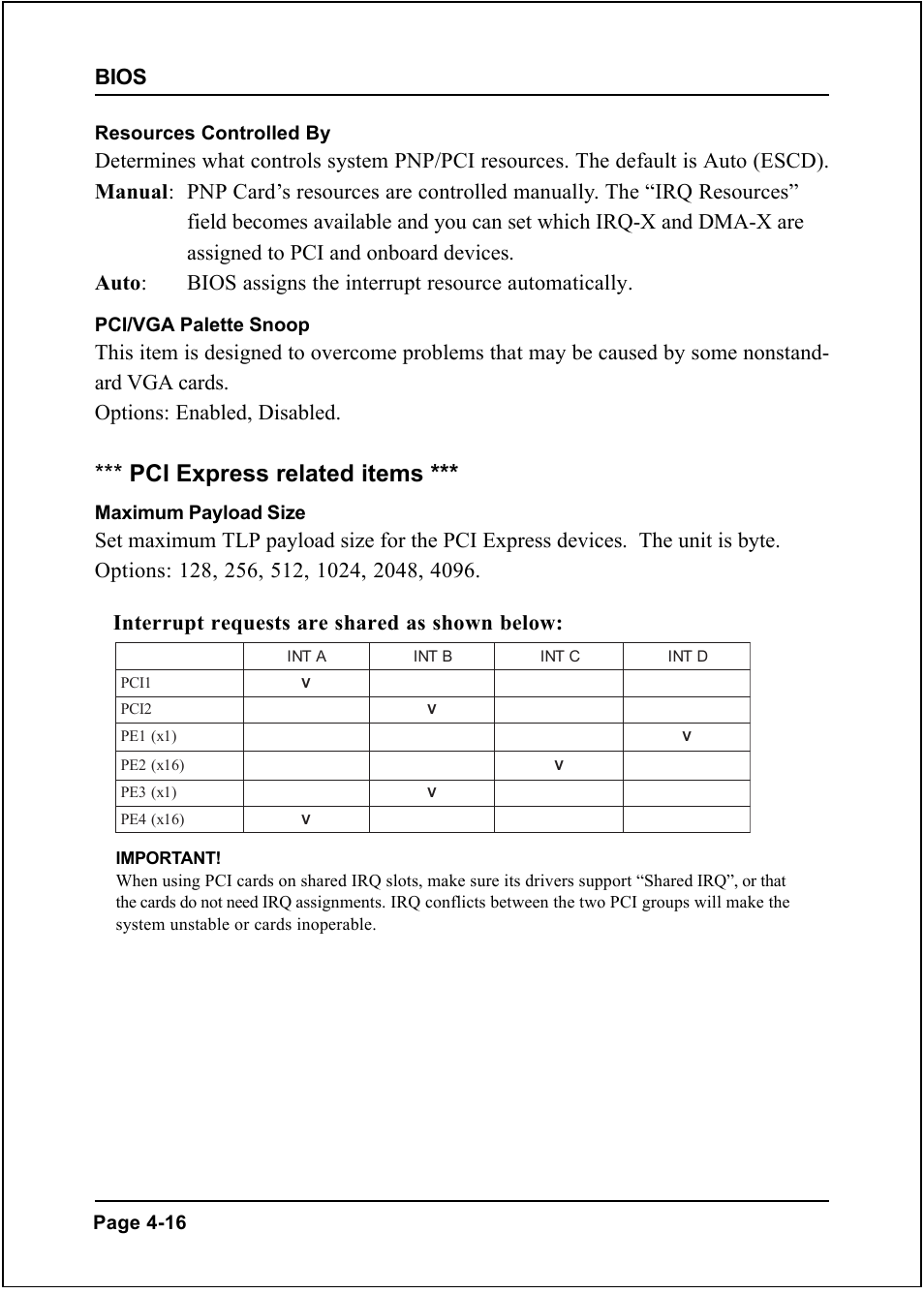 Pci express related items, Bios, Interrupt requests are shared as shown below | Nvidia 754 User Manual | Page 46 / 78