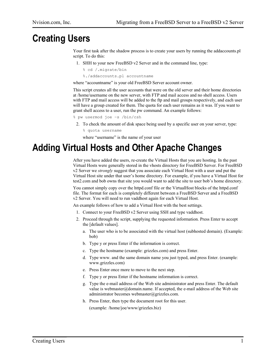 Creating users, Adding virtual hosts and other apache changes | Nvidia FreeBSD Server to FreeBSD v2 Server User Manual | Page 4 / 14