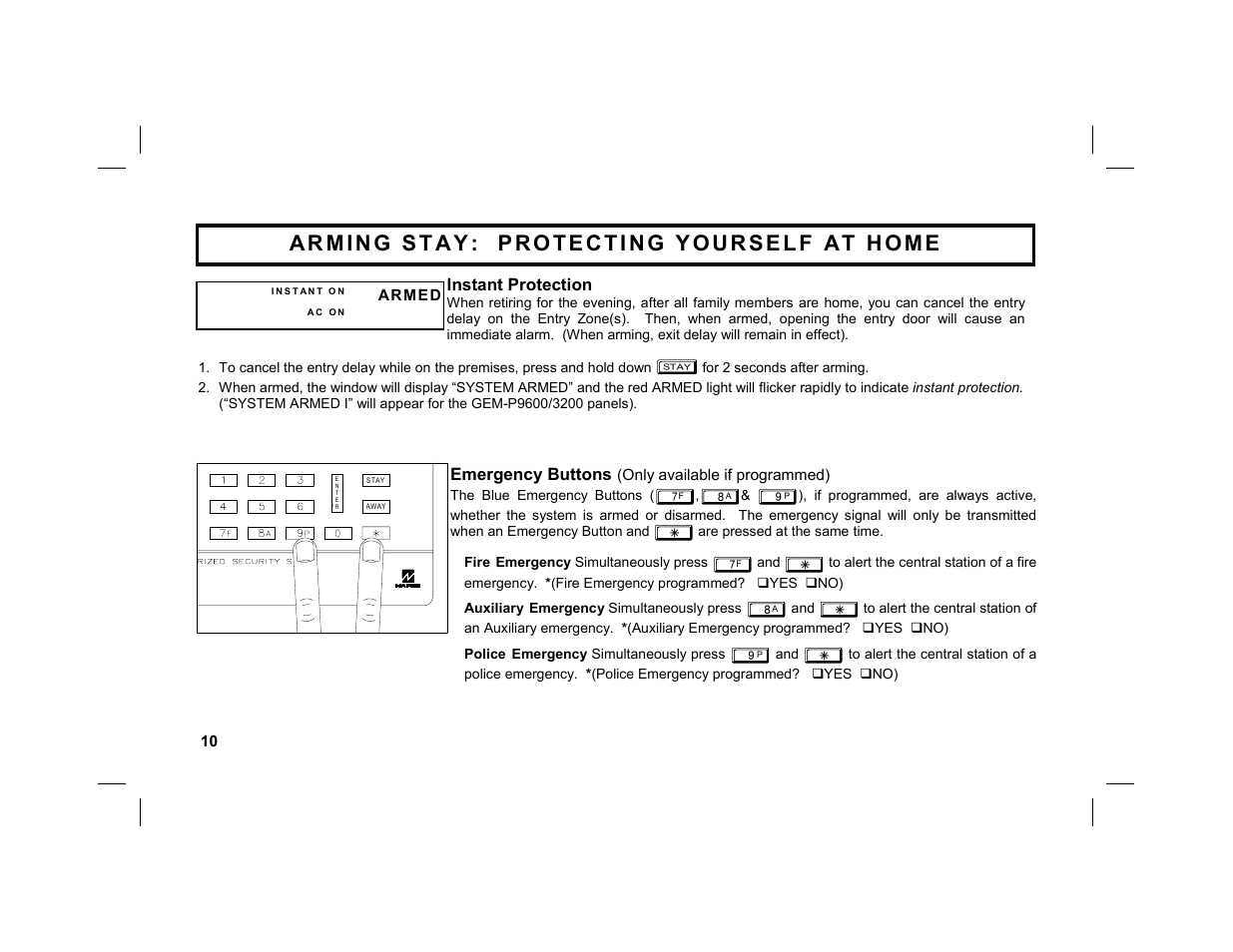 Instant protection, Emergency buttons | Napco Security Technologies GEM-K2AS User Manual | Page 10 / 36