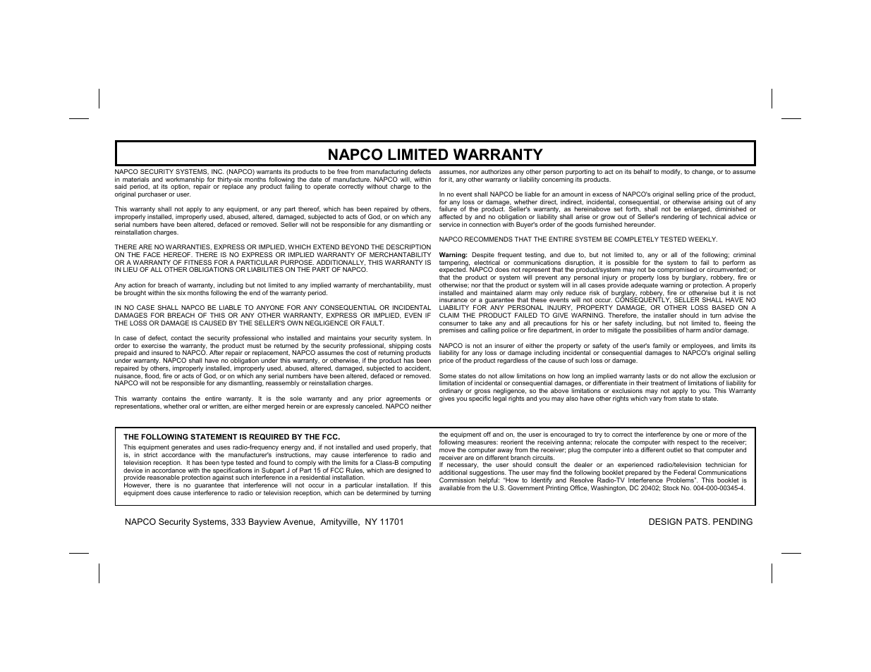 Napco limited warranty | Napco Security Technologies GEM-K2AS User Manual | Page 36 / 36