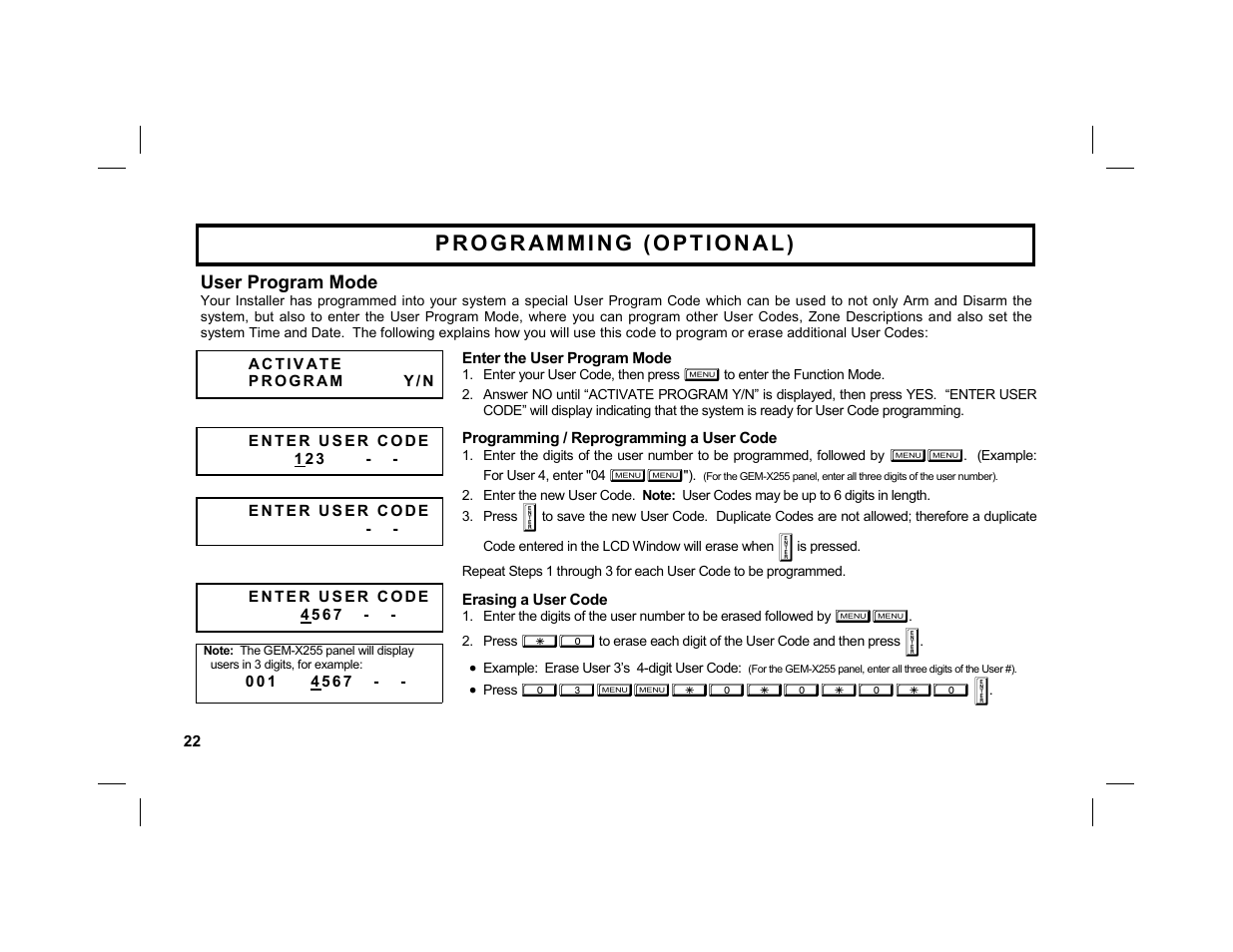 User program mode | Napco Security Technologies GEM-K1CA User Manual | Page 22 / 40