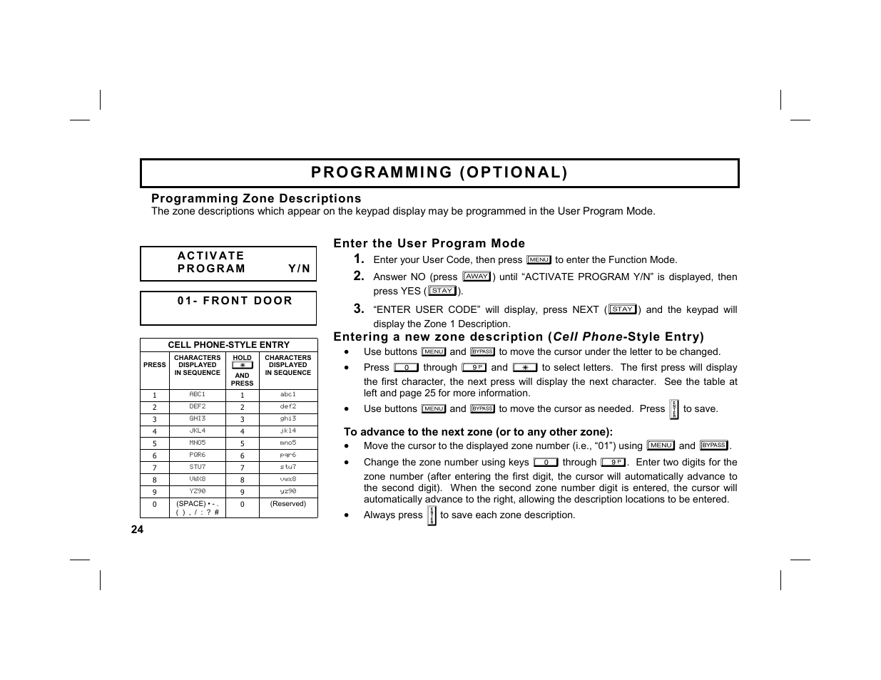 Enter the user program mode, Programming zone descriptions | Napco Security Technologies GEM-K1CA User Manual | Page 24 / 40
